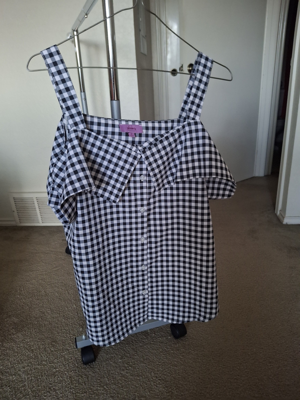 Black & White Gingham Off-Shoulder Button Front Women's Top